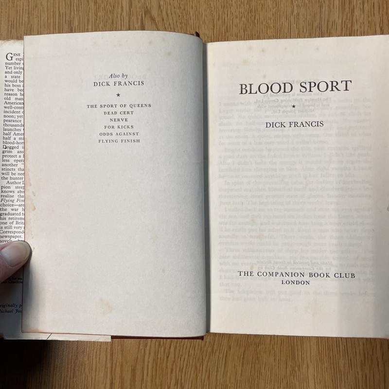 Vintage Blood Sport Dick Francis HC/DJ Companion Book Club Collector's De-Luxe gallery