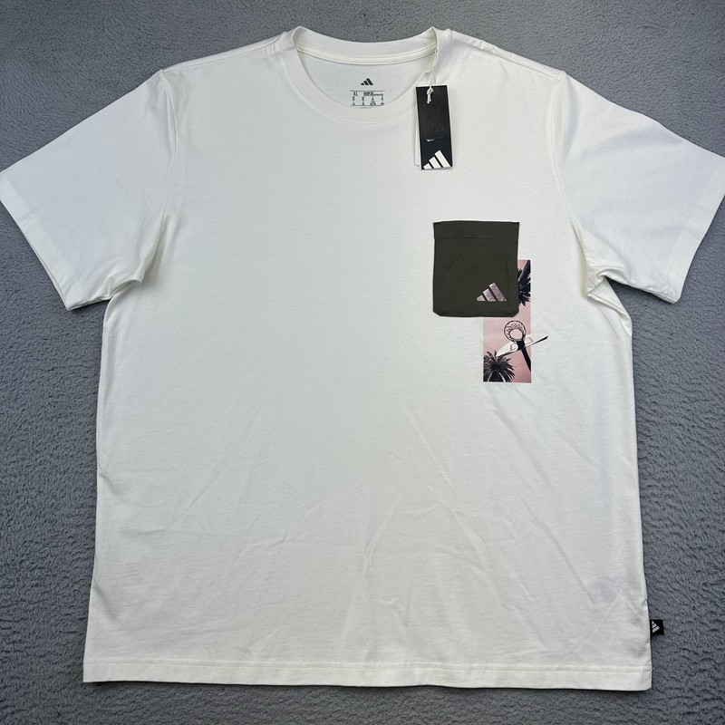 Adidas Shirt Men XL Off White MT Lens Pocket Graphic Loose Fit Cotton Basketball