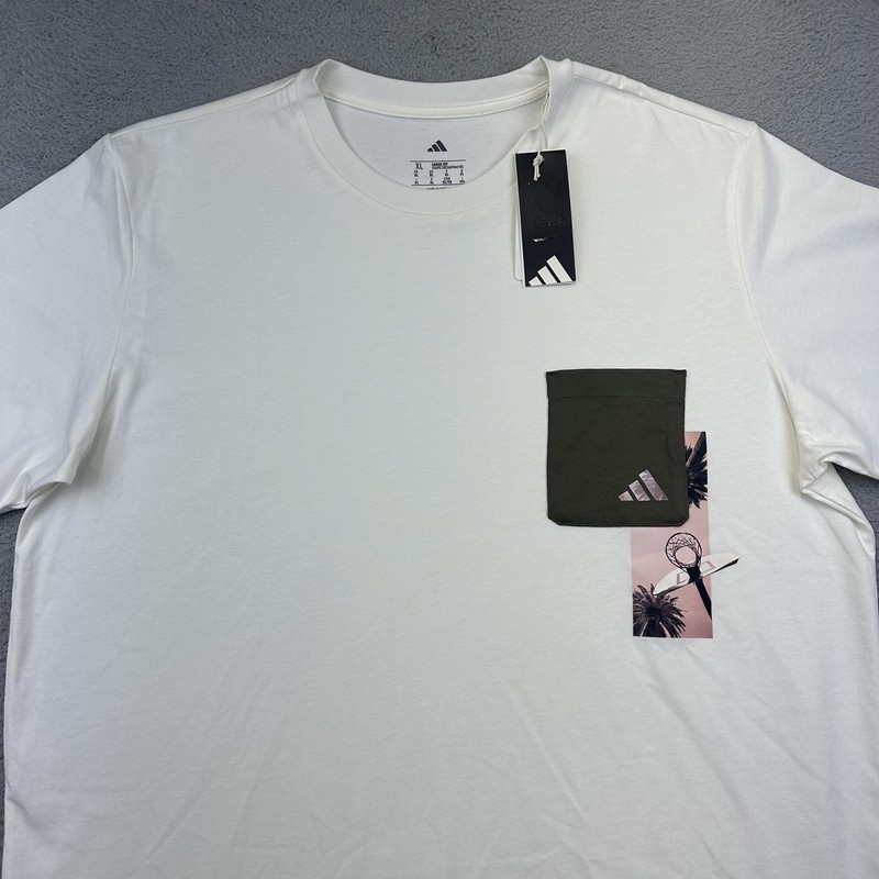 Adidas Shirt Men XL Off White MT Lens Pocket Graphic Loose Fit Cotton Basketball gallery