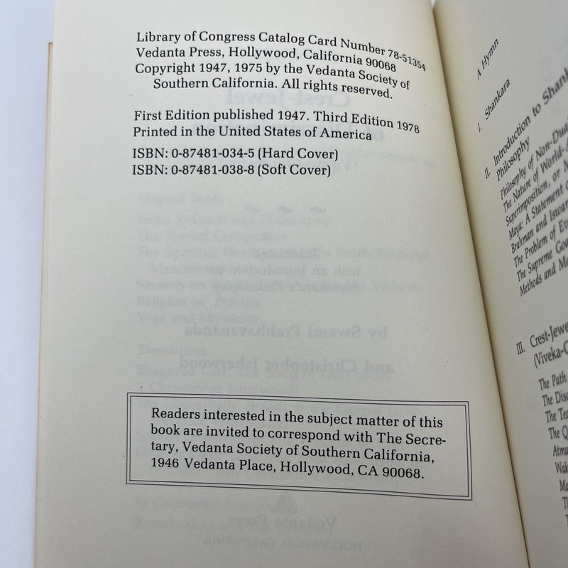 Shankara's Crest-Jewel of Discrimination (PB, 1978) Vendata Press *Read gallery