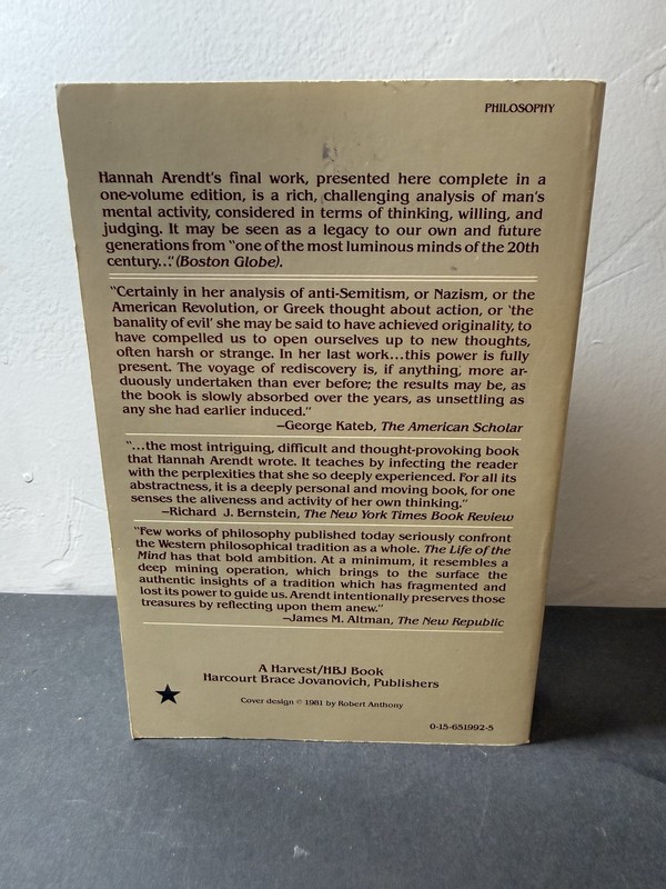 The Life of the Mind by Hannah Arendt One-Volume Edition Philosophy HBJ Book gallery