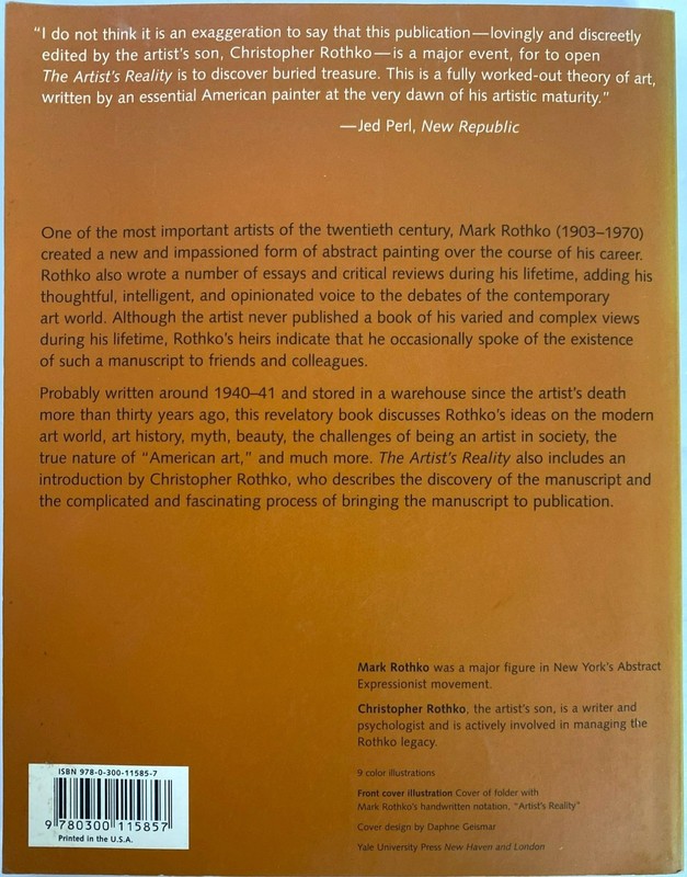 The Artists Reality Philosophies Of Art By Mark Rothko Yale Press 2004 gallery