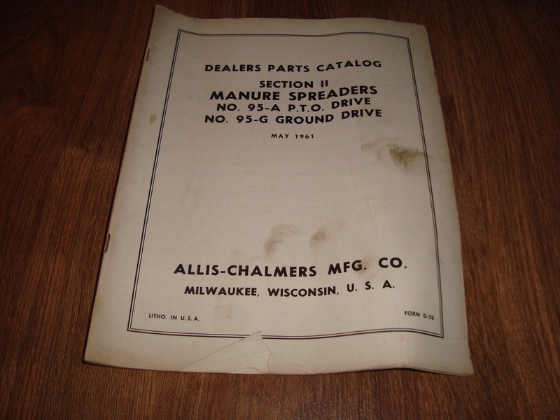 Allis Chalmers Dealers Parts Catalog Section 2 Manure Spreaders 95A 95G D-38
