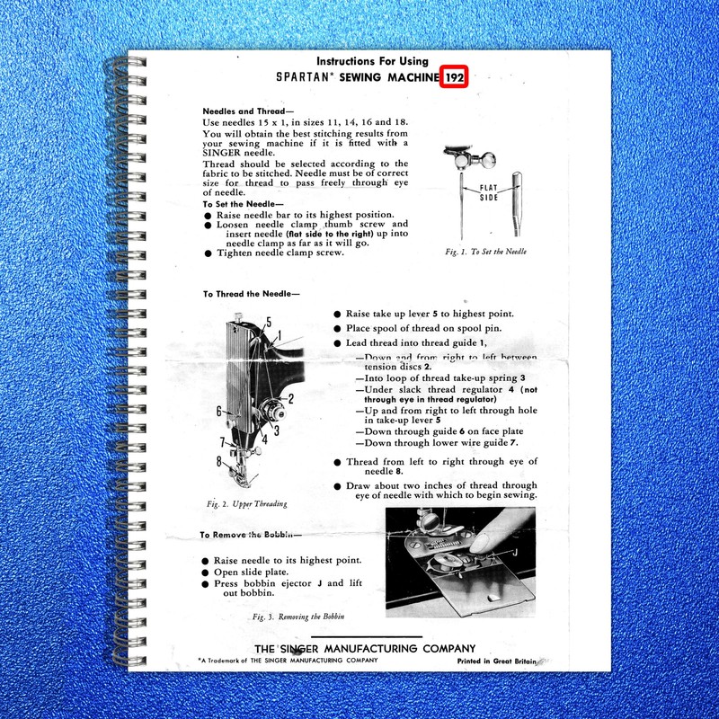SINGER 192 Spartan Sewing Machine User Manual – STEEL WIRE BOUND – TOUGH COVERS