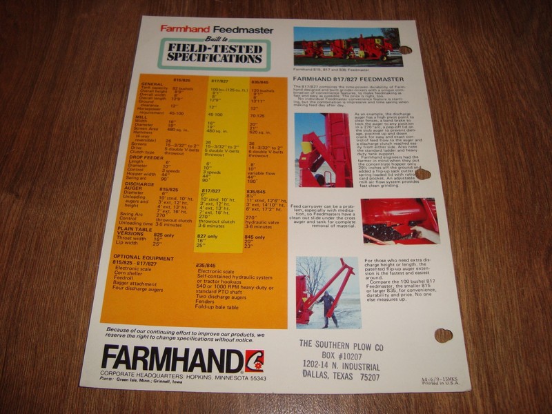 Vintage Farmhand 817 827 Feedmaster 100 Bushel GrinderMixer Brochure Single Page gallery