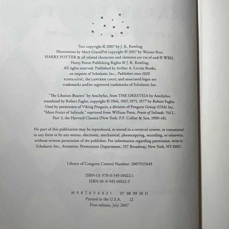 RARE HARRY POTTER And The Deathly Hallows 2007 1st edition ERROR 759 End Page gallery