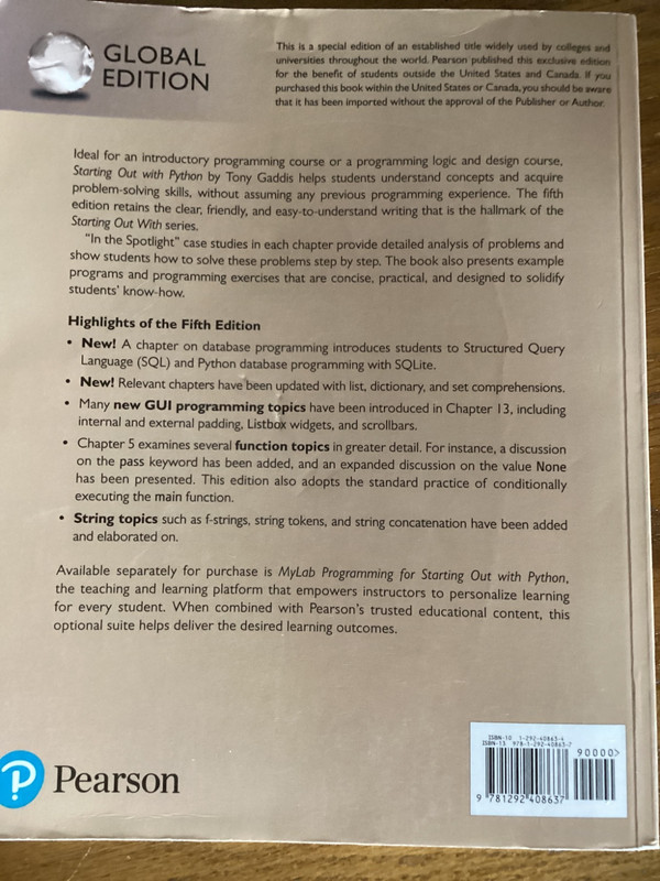 Starting Out with Python, Global Edition 5th Ed Tony Gaddis: Very Good gallery