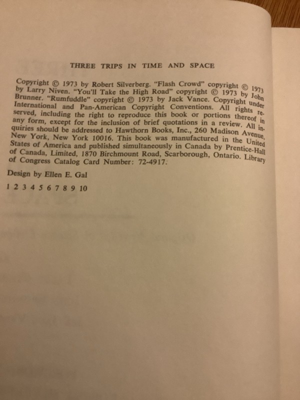 Three Trips in Time and Space Larry Niven, John Brunner & Jack Vance 1st Ed 1973 gallery