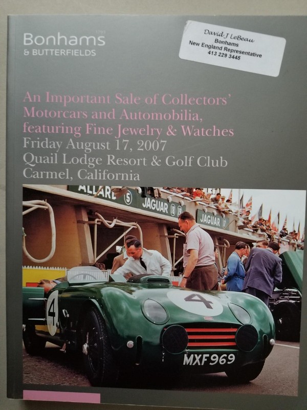 Bonham & Butterfields Motorcars & Automobilia, Jewelry.. Aug 17 2007 VG Cond